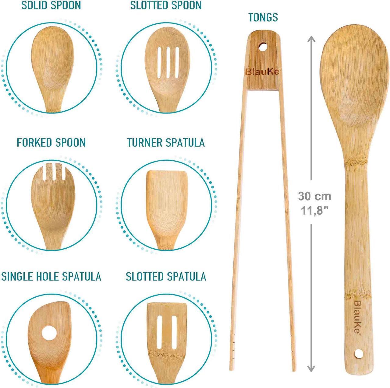 Alt view image 3 of 7 - Wooden Spoons for Cooking 7-Pack - Bamboo Kitchen Utensils Set for Nonstick Cookware - Wooden Cooking Utensils Set - Wood Spatulas, Spoons, Tongs - BlauKe®