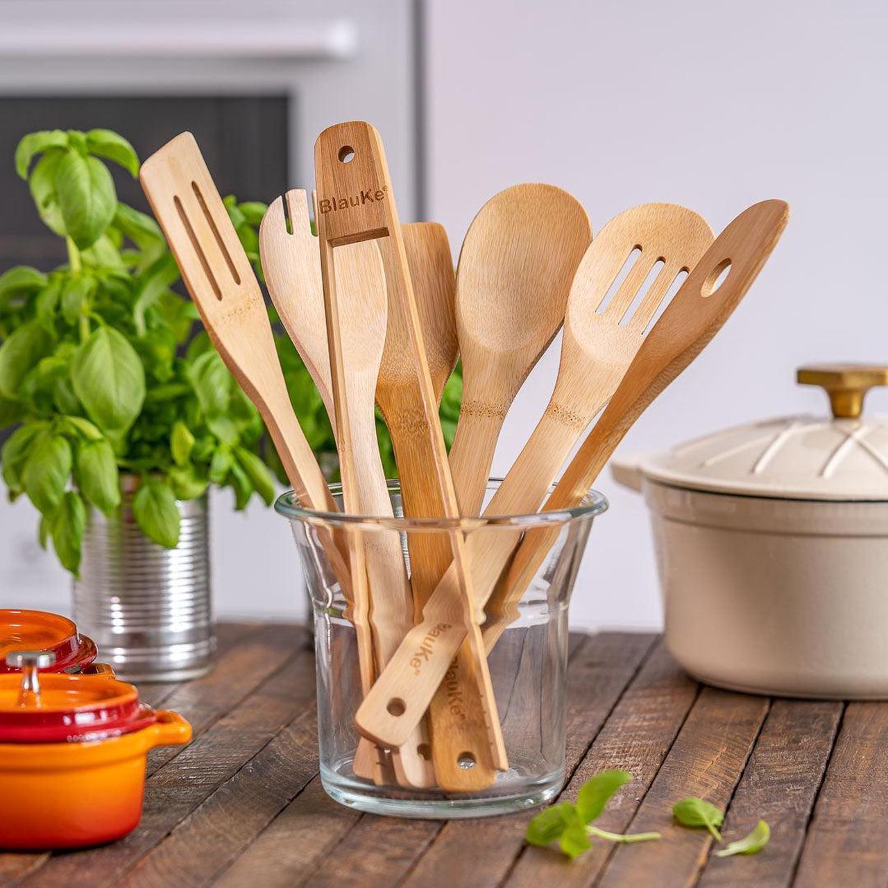 Alt view image 5 of 7 - Wooden Spoons for Cooking 7-Pack - Bamboo Kitchen Utensils Set for Nonstick Cookware - Wooden Cooking Utensils Set - Wood Spatulas, Spoons, Tongs - BlauKe®