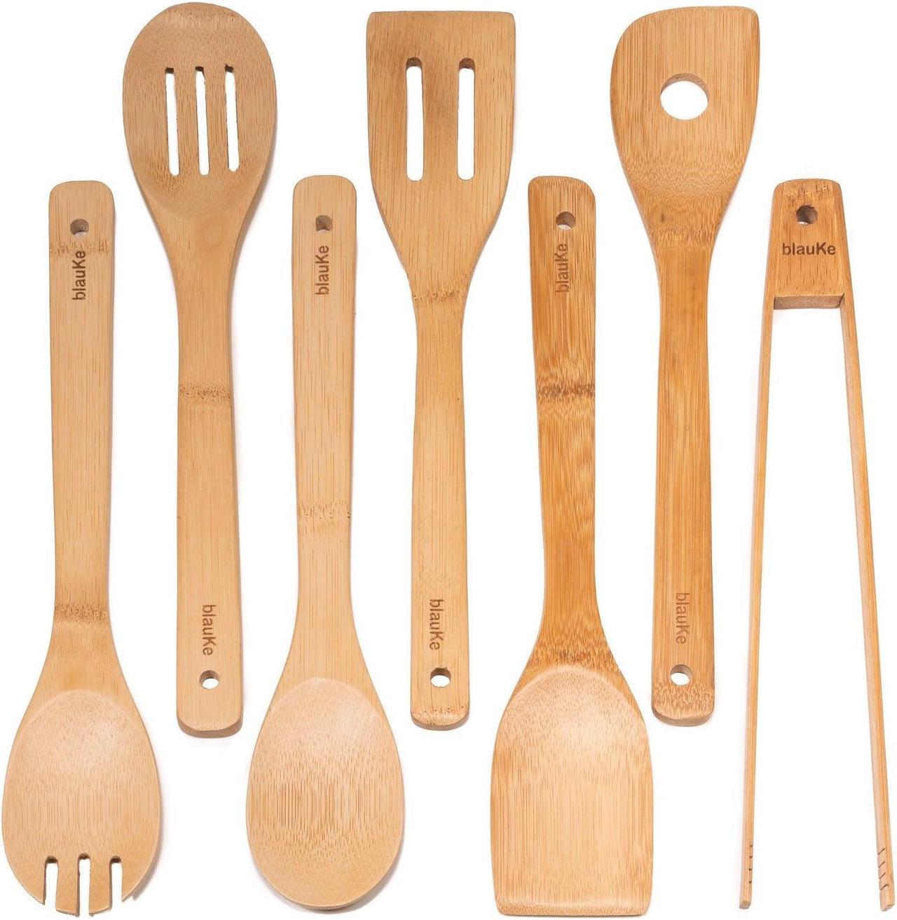 Main image of Wooden Spoons for Cooking 7-Pack - Bamboo Kitchen Utensils Set for Nonstick Cookware - Wooden Cooking Utensils Set - Wood Spatulas, Spoons, Tongs - BlauKe®