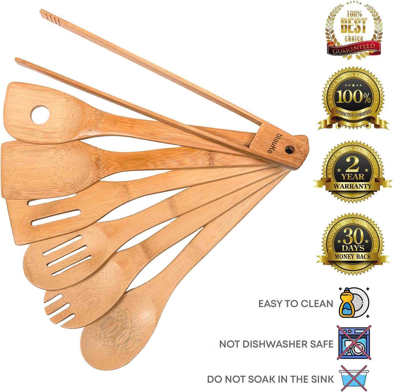 Alt view image 2 of 7 - Wooden Spoons for Cooking 7-Pack - Bamboo Kitchen Utensils Set for Nonstick Cookware - Wooden Cooking Utensils Set - Wood Spatulas, Spoons, Tongs - BlauKe®