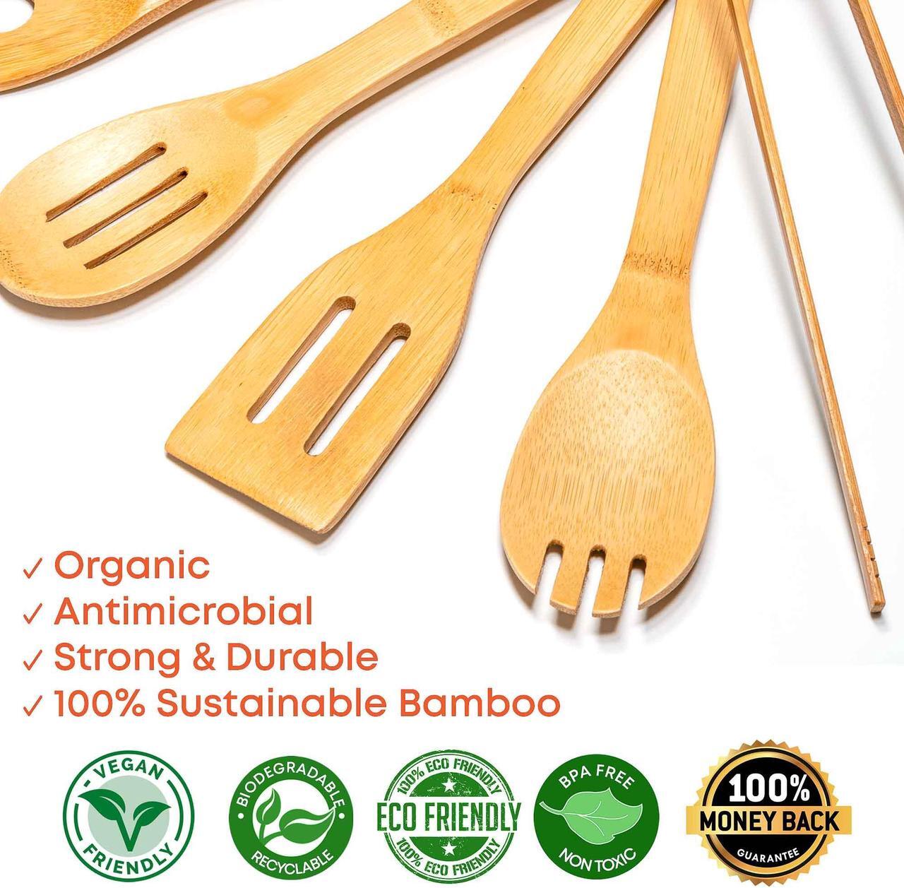 Alt view image 6 of 7 - Wooden Spoons for Cooking 7-Pack - Bamboo Kitchen Utensils Set for Nonstick Cookware - Wooden Cooking Utensils Set - Wood Spatulas, Spoons, Tongs - BlauKe®