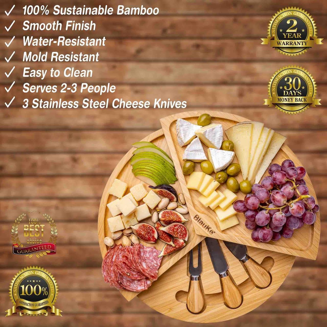 Alt view image 2 of 7 - Bamboo Cheese Board and Knife Set - 14-inch Round Charcuterie Board, Serving Tray, Platter - Wood Cheese Board Set with Slide-Out Drawer - BlauKe®
