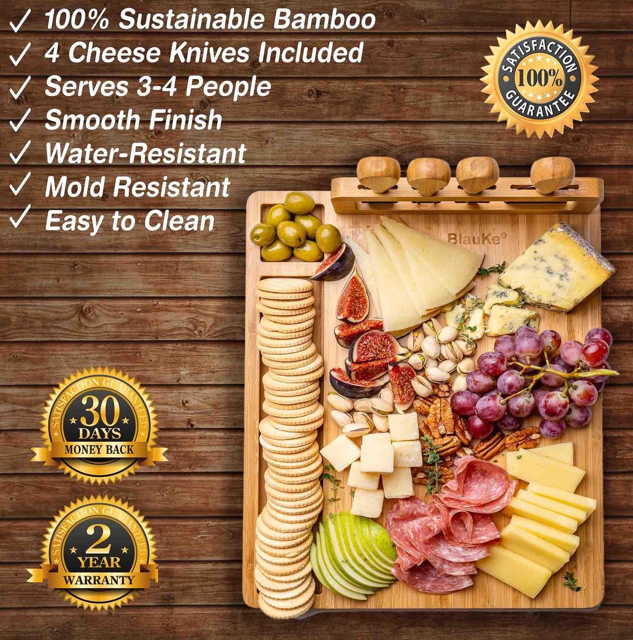 Alt view image 2 of 7 - Bamboo Cheese Board and Knife Set 14x11 inch - Wood Cheese Cutting Board, Serving Tray Platter, Charcuterie Board Set with 4 Cheese Knives - BlauKe®