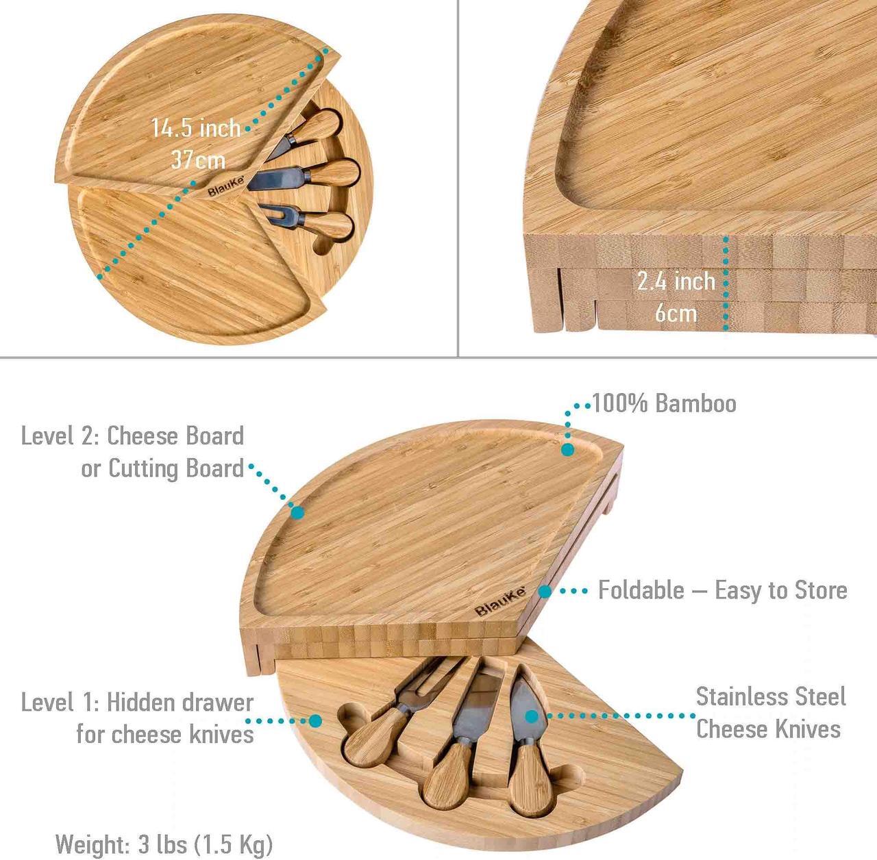 Alt view image 3 of 7 - Bamboo Cheese Board and Knife Set - 14-inch Round Charcuterie Board, Serving Tray, Platter - Wood Cheese Board Set with Slide-Out Drawer - BlauKe®
