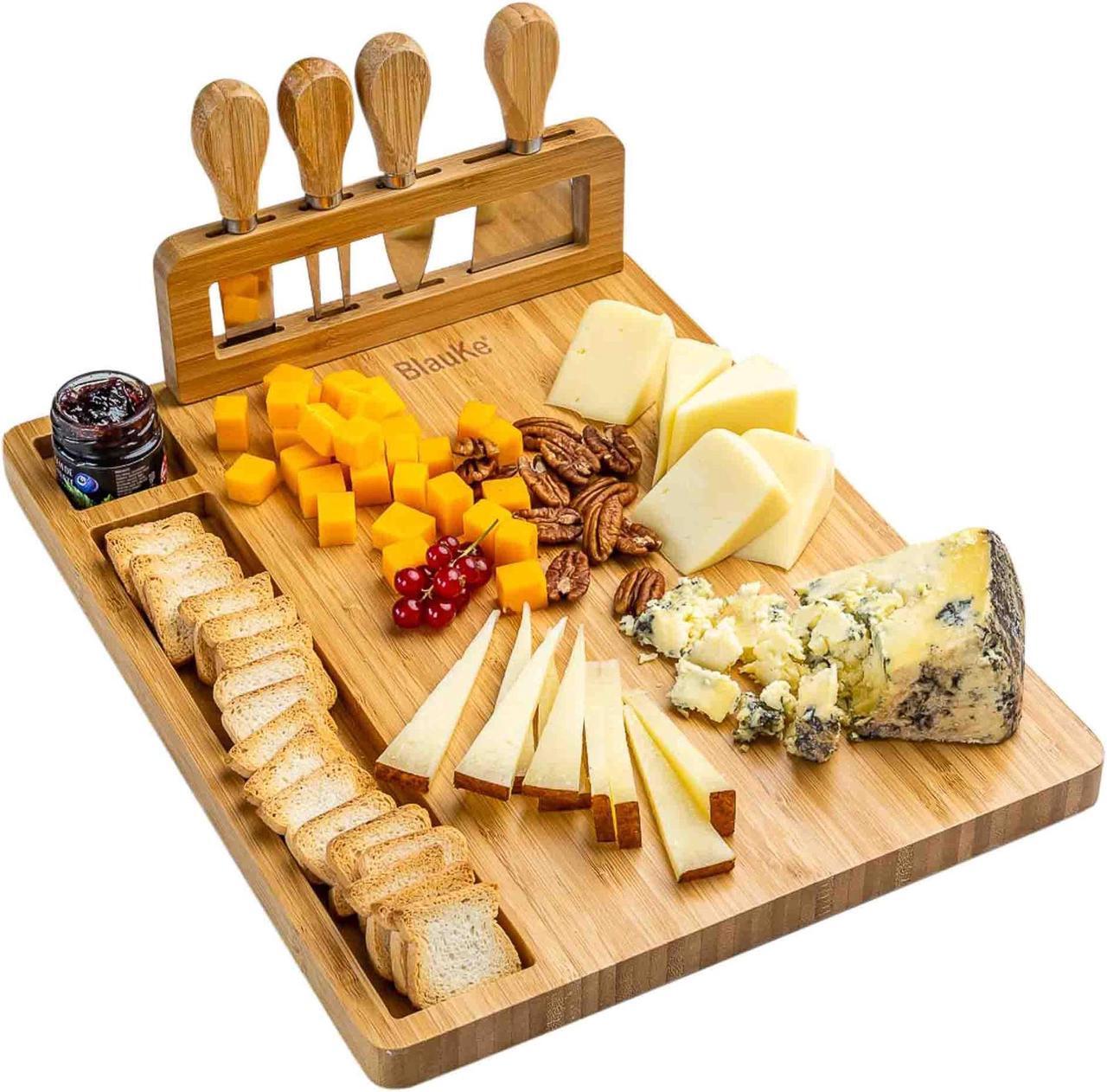 Main image of Bamboo Cheese Board and Knife Set 14x11 inch - Wood Cheese Cutting Board, Serving Tray Platter, Charcuterie Board Set with 4 Cheese Knives - BlauKe®