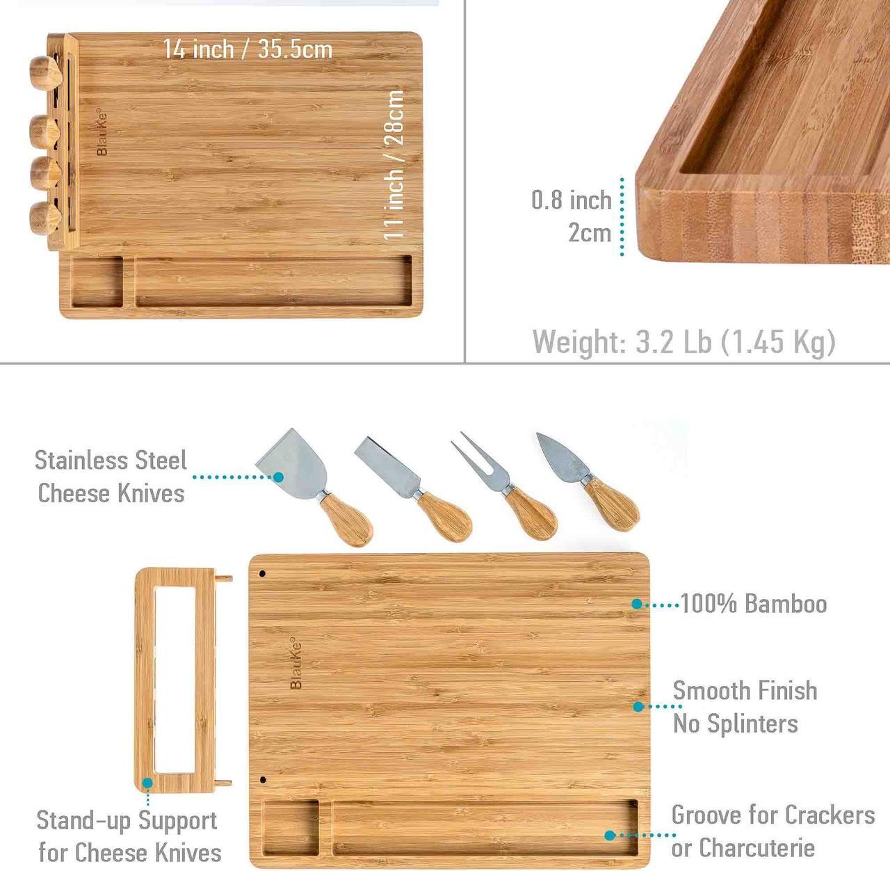 Alt view image 3 of 7 - Bamboo Cheese Board and Knife Set 14x11 inch - Wood Cheese Cutting Board, Serving Tray Platter, Charcuterie Board Set with 4 Cheese Knives - BlauKe®