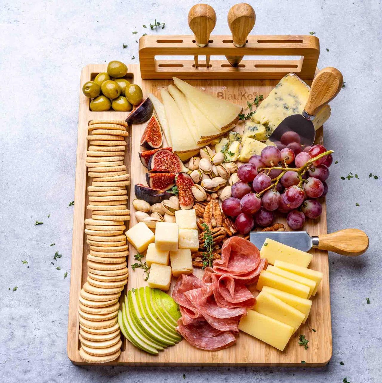 Alt view image 7 of 7 - Bamboo Cheese Board and Knife Set 14x11 inch - Wood Cheese Cutting Board, Serving Tray Platter, Charcuterie Board Set with 4 Cheese Knives - BlauKe®