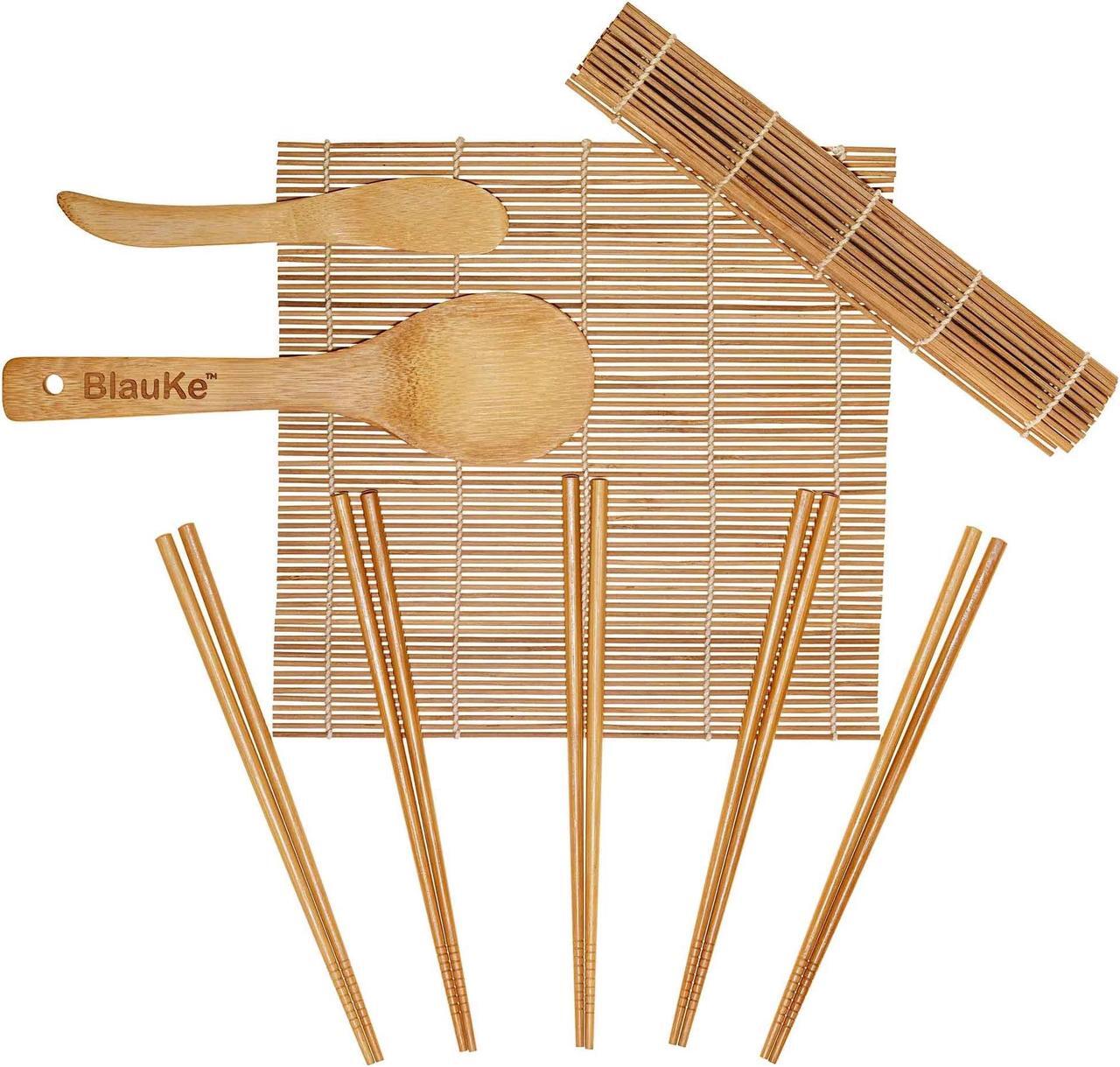 Main image of Sushi Making Kit - 2 Bamboo Sushi Rolling Mats, 5 Pairs Chopsticks, Rice Paddle, Spreader - Beginner Sushi Maker Kit with Roller Mat and Accessories - BlauKe®