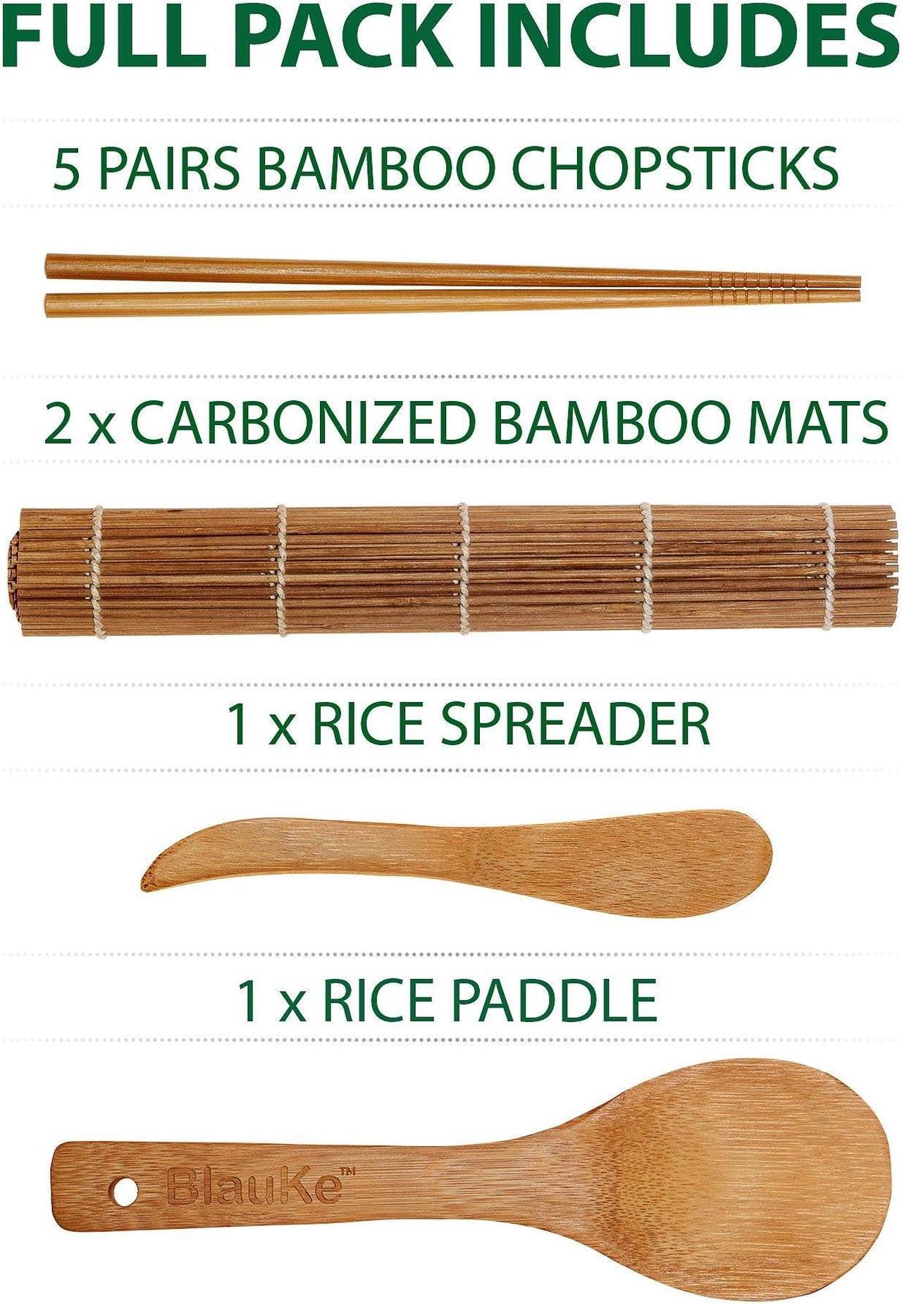 Alt view image 3 of 7 - Sushi Making Kit - 2 Bamboo Sushi Rolling Mats, 5 Pairs Chopsticks, Rice Paddle, Spreader - Beginner Sushi Maker Kit with Roller Mat and Accessories - BlauKe®
