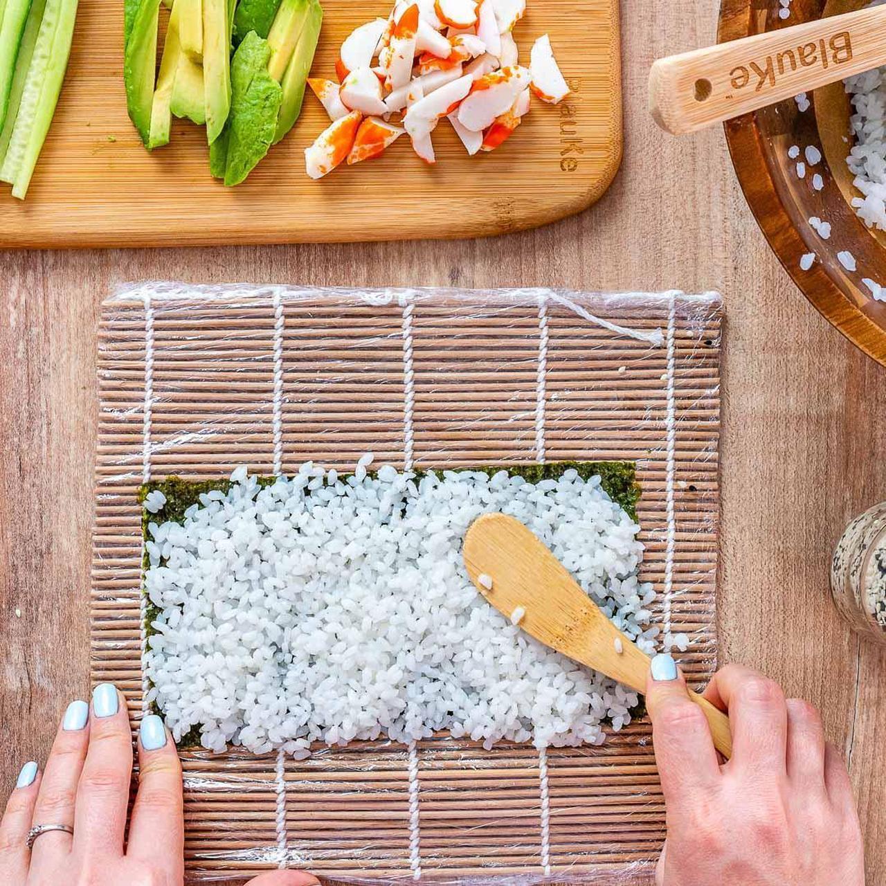 Alt view image 6 of 7 - Sushi Making Kit - 2 Bamboo Sushi Rolling Mats, 5 Pairs Chopsticks, Rice Paddle, Spreader - Beginner Sushi Maker Kit with Roller Mat and Accessories - BlauKe®