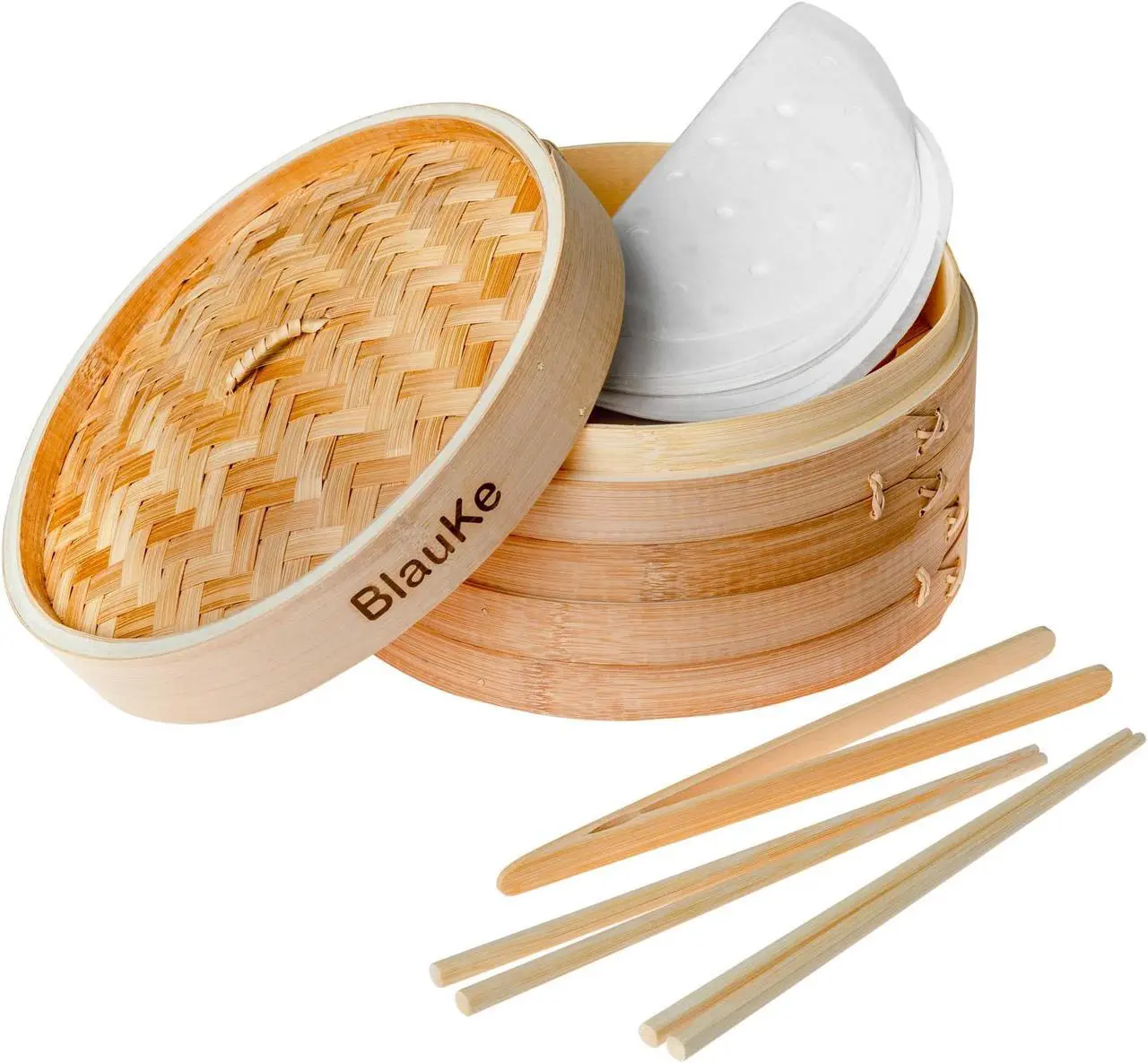 Main image of Bamboo Steamer Basket 10-inch with Chopsticks, Tongs, 50 Paper Liners - 2-Tier Food Steamer for Cooking Dumplings, Vegetables, Meat, Fish, Rice - BlauKe®