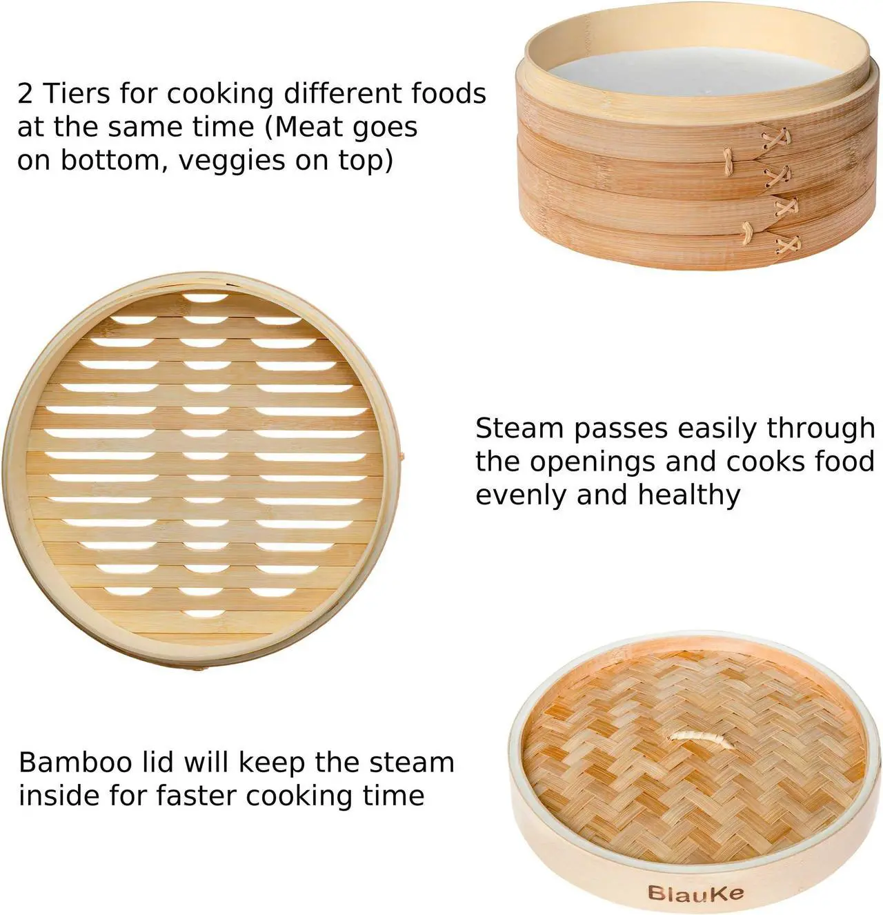 Alt view image 7 of 7 - Bamboo Steamer Basket 10-inch with Chopsticks, Tongs, 50 Paper Liners - 2-Tier Food Steamer for Cooking Dumplings, Vegetables, Meat, Fish, Rice - BlauKe®