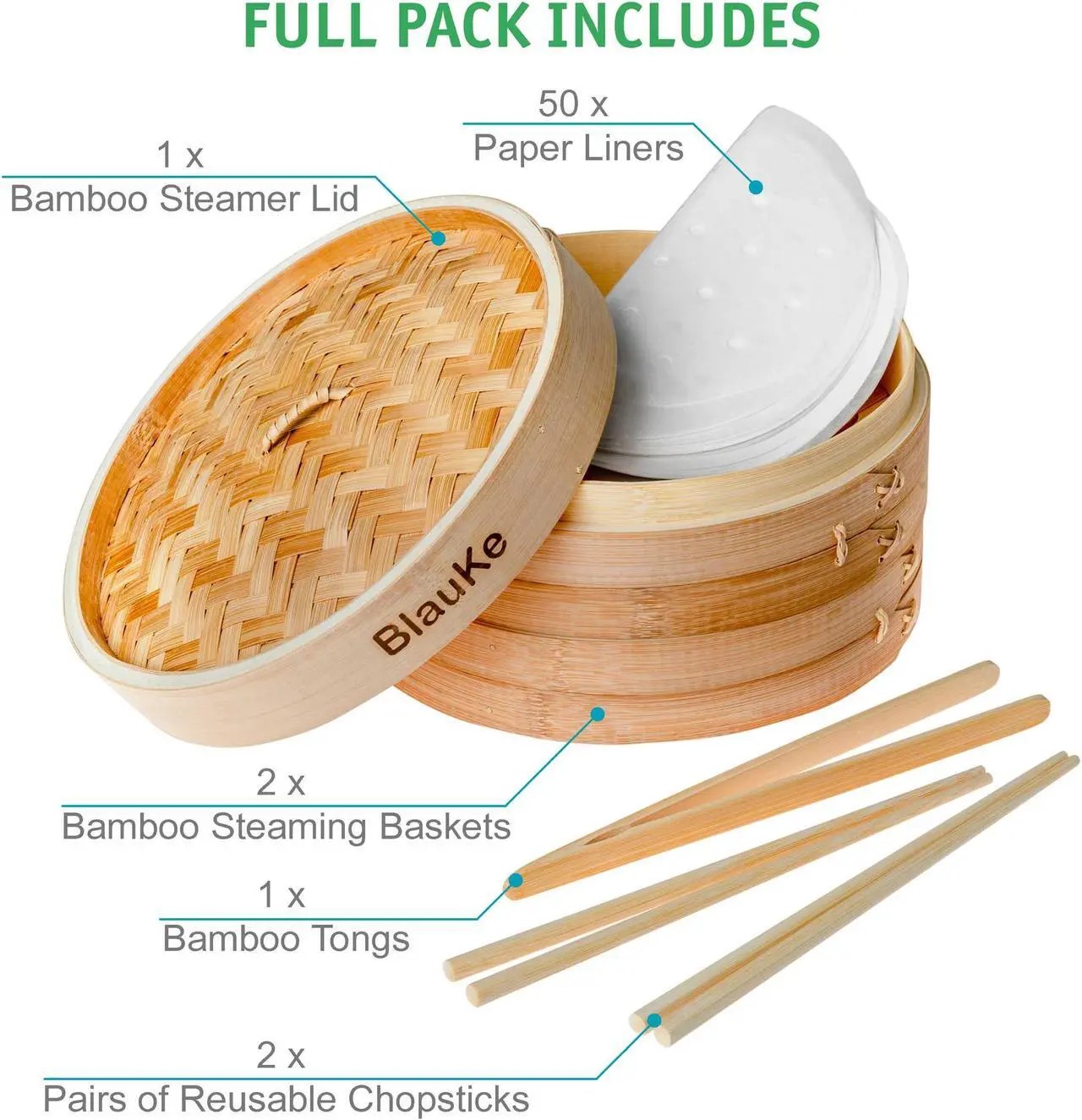 Alt view image 4 of 7 - Bamboo Steamer Basket 10-inch with Chopsticks, Tongs, 50 Paper Liners - 2-Tier Food Steamer for Cooking Dumplings, Vegetables, Meat, Fish, Rice - BlauKe®