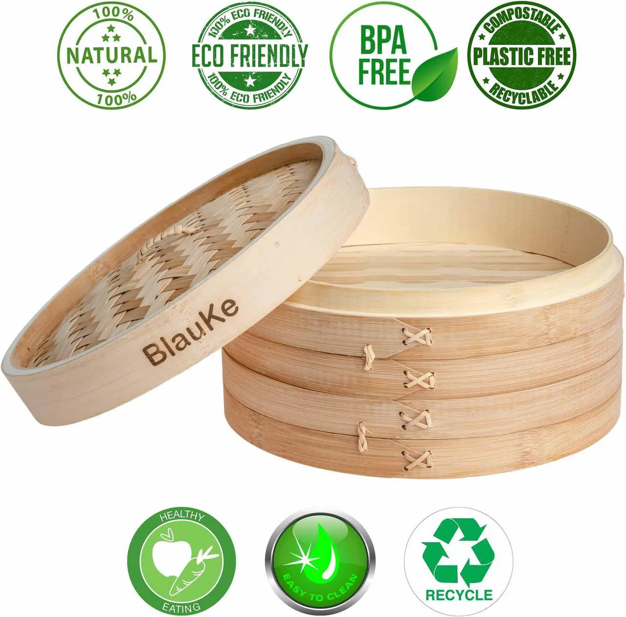 Alt view image 3 of 7 - Bamboo Steamer Basket 10-inch with Chopsticks, Tongs, 50 Paper Liners - 2-Tier Food Steamer for Cooking Dumplings, Vegetables, Meat, Fish, Rice - BlauKe®