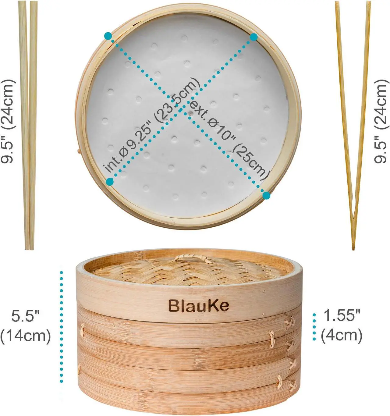 Alt view image 5 of 7 - Bamboo Steamer Basket 10-inch with Chopsticks, Tongs, 50 Paper Liners - 2-Tier Food Steamer for Cooking Dumplings, Vegetables, Meat, Fish, Rice - BlauKe®