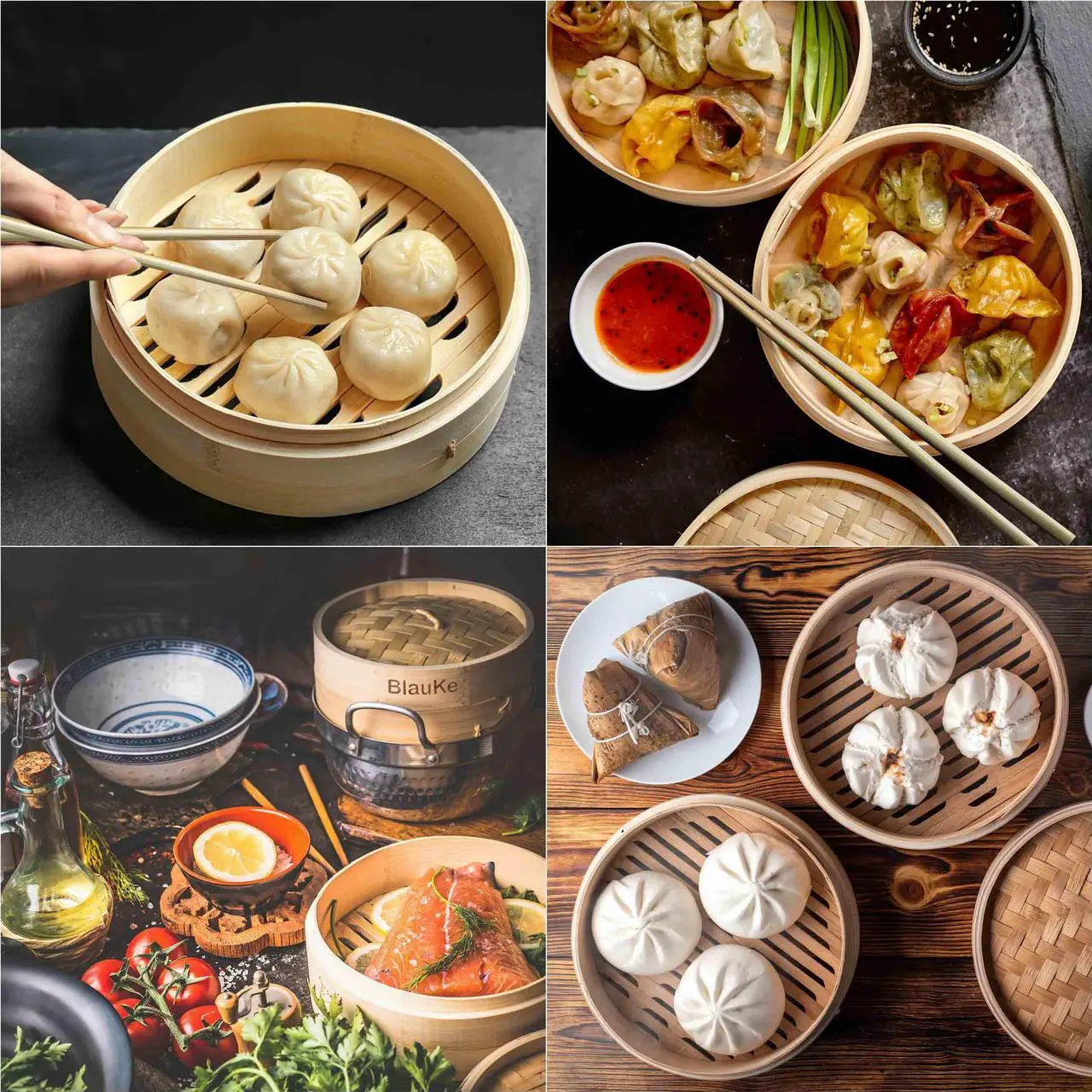 Alt view image 6 of 7 - Bamboo Steamer Basket 10-inch with Chopsticks, Tongs, 50 Paper Liners - 2-Tier Food Steamer for Cooking Dumplings, Vegetables, Meat, Fish, Rice - BlauKe®