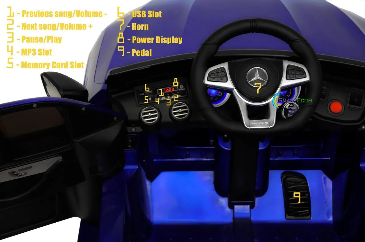 Alt view image 7 of 7 - Ride On Toys - Electric 12V Battery Powered RC Car - Kids Ride On Car with Plastic Wheels, Sound Buttons, Open Doors, Leather Seat, MP3 for Music, Blue Education Compatible with Mercedes-Benz