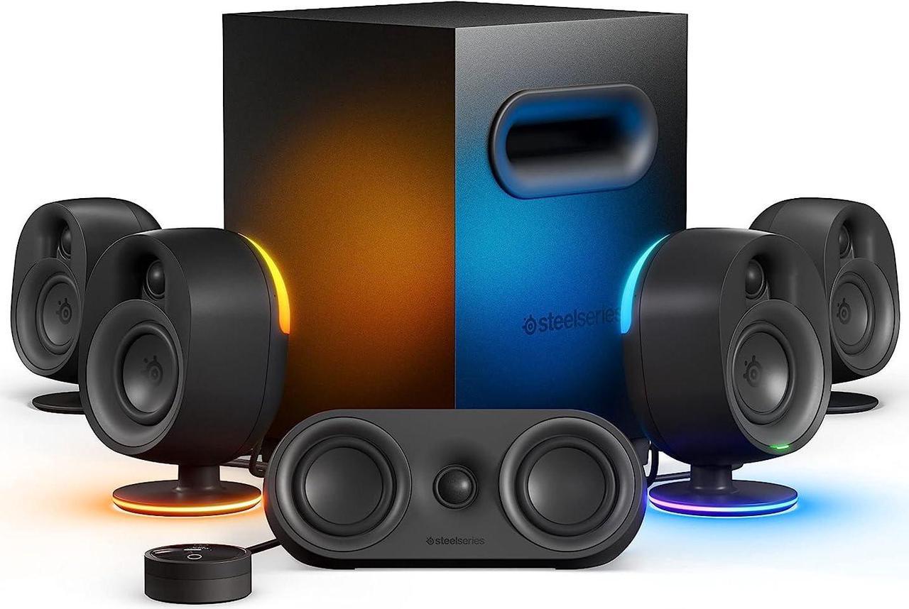 SteelSeries Arena 9 Illuminated 5.1 Desktop Gaming Speakers  5.1 USB Surround Sound  Wireless Rear Speakers  2-Way Speaker Design  Subwoofer  RGB Light, Bluetooth  PC, PlayStation, Mobile, Mac