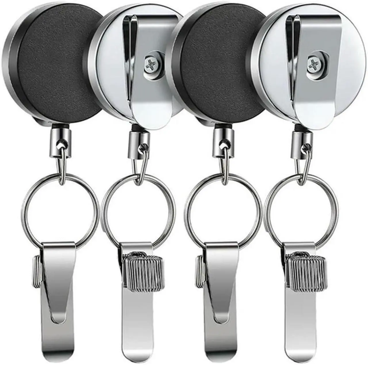 Main image of 4 Piece Retractable Pull Pen Pencil Holder Silver & Black Stainless Steel Universal Pen Lanyard Retractable With Belt Clip