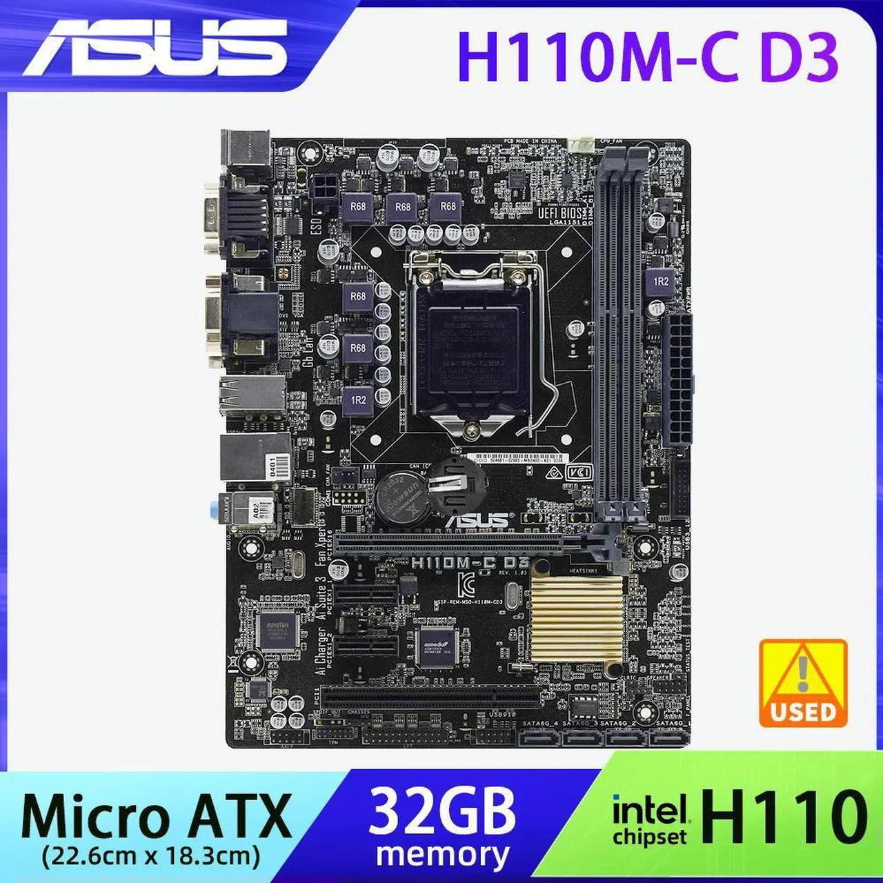 H110 Motherboard DDR3 H110M-C D3 LGA 1151 Socket Supports for 6th Gen Core i3 i5 i7 Processors Micro ATX 2x DIMM Max. 32GB