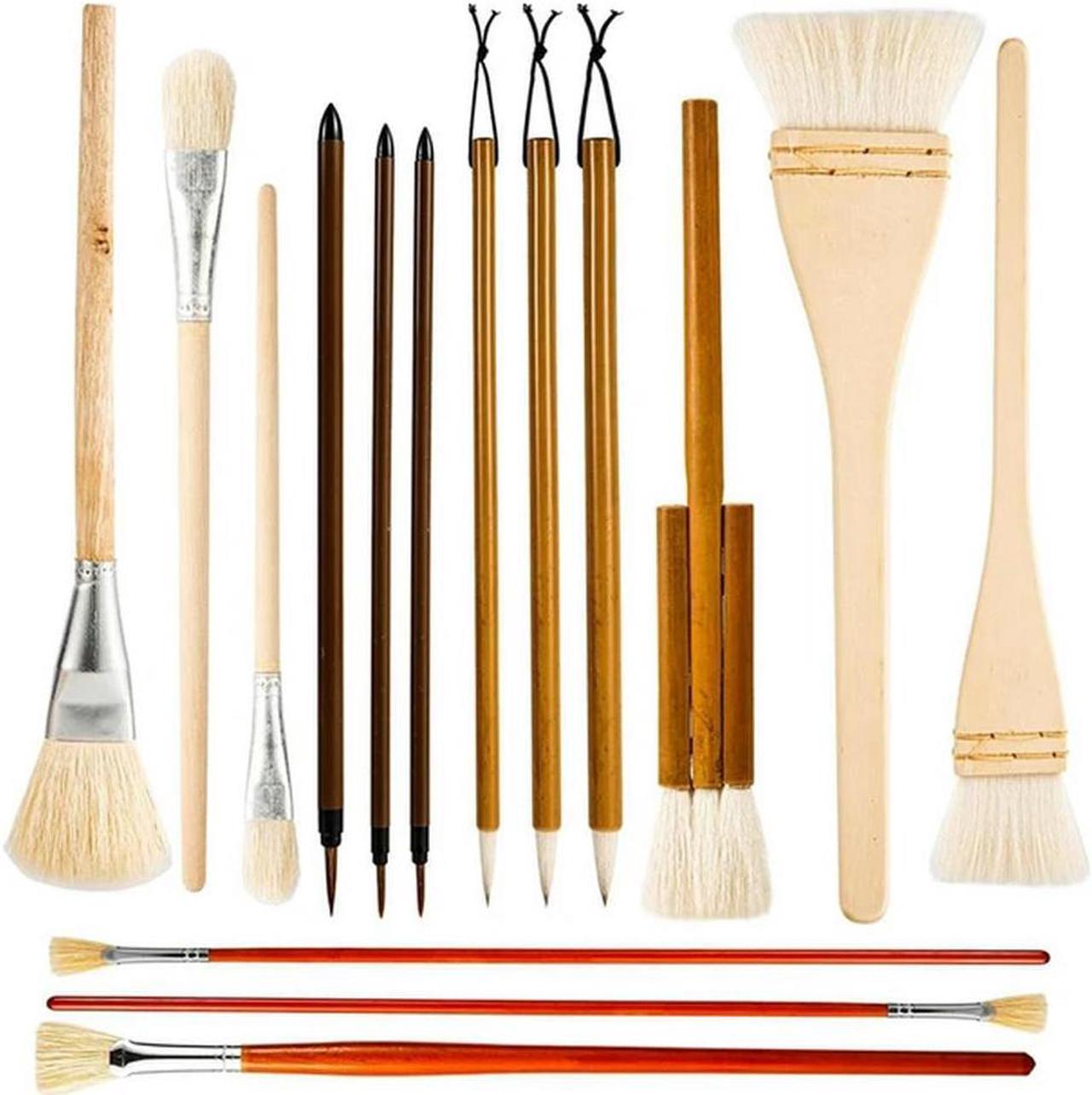 15Pcs Pottery Glaze Brushes,Wood Long Handle Artist Fan For Acrylic Watercolor Pottery Oil Painting Students Kids Adults Durable