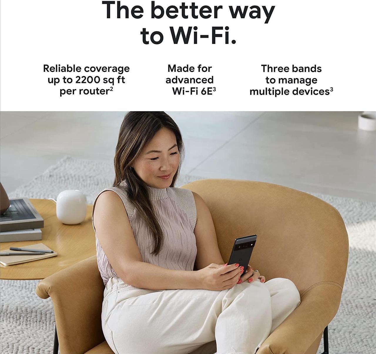 Alt view image 2 of 7 - Google Nest WiFi Pro - Wi-Fi 6E - Reliable Home Wi-Fi System with Fast Speed and Whole Home Coverage - Mesh Wi-Fi Router - 4 Pack - Snow