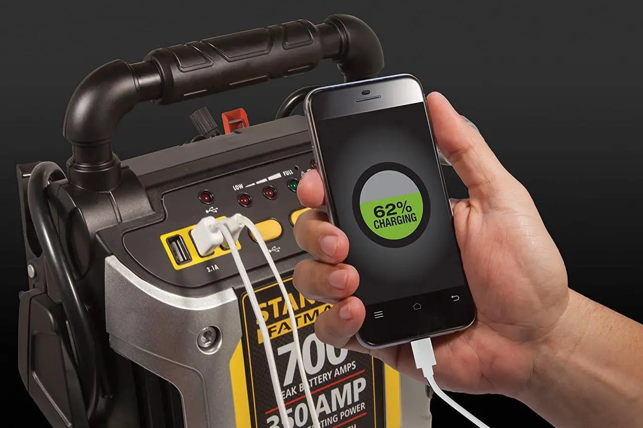 Alt view image 4 of 7 - 700 Peak Amp Automotive Jump Starter, Portable Power  Triple 15W USB Ports, 120 PSI Air Compressor