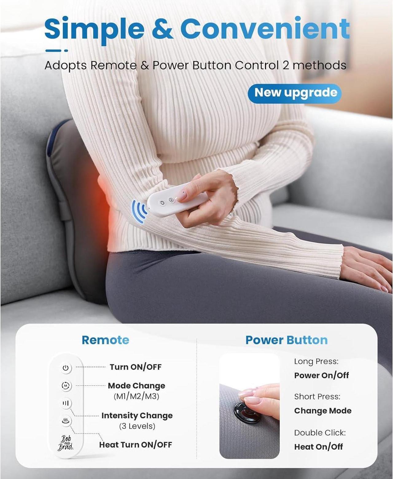 Alt view image 2 of 7 - BOB AND BRAD Back Massager with Heat & Remote, EZBack Plus Neck Massager for Pain Relief Deep Tissue,Electric Shiatsu 3D Kneading Massage Pillow with 3 Level for Neck, Back,Shoulders, Legs,Ideal Gifts