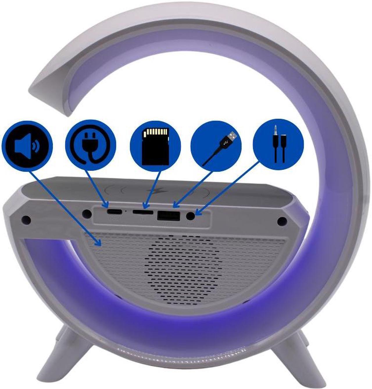 Alt view image 4 of 7 - Jaspertronics 6-in-1 Wireless LED Charging Station & Alarm Clock  Bluetooth Speaker, RGB Lamp, 15W Fast Wireless Charger, FM Radio, White Noise, Gradual Wake Light  BT-3401 Multifunction Device