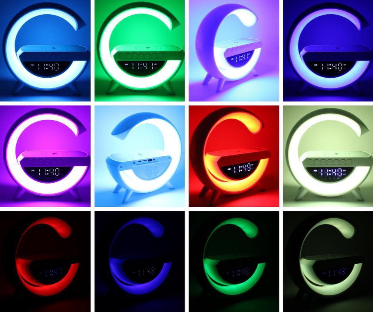 Alt view image 6 of 7 - Jaspertronics 6-in-1 Wireless LED Charging Station & Alarm Clock  Bluetooth Speaker, RGB Lamp, 15W Fast Wireless Charger, FM Radio, White Noise, Gradual Wake Light  BT-3401 Multifunction Device