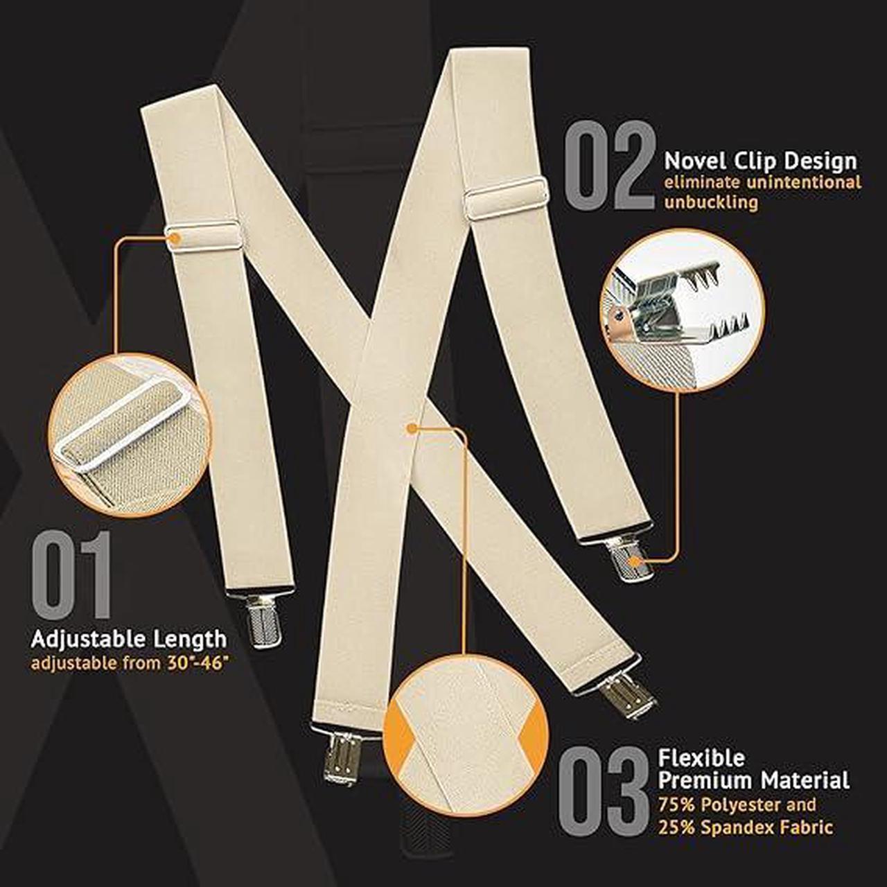 Alt view image 3 of 7 - Hold'Em X-Back Mens Suspenders, Adjustable and Stretchable Suspenders for Men, Durable Straight Clip-On Suspenders, Clothing Accessories for Casual and Formal Outfits, Beige