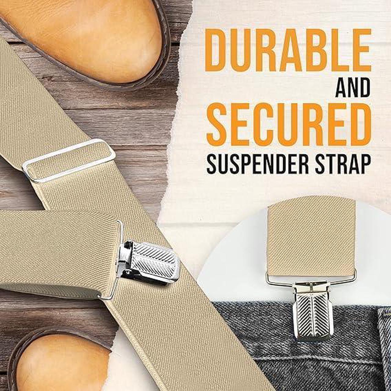 Alt view image 4 of 7 - Hold'Em X-Back Mens Suspenders, Adjustable and Stretchable Suspenders for Men, Durable Straight Clip-On Suspenders, Clothing Accessories for Casual and Formal Outfits, Beige