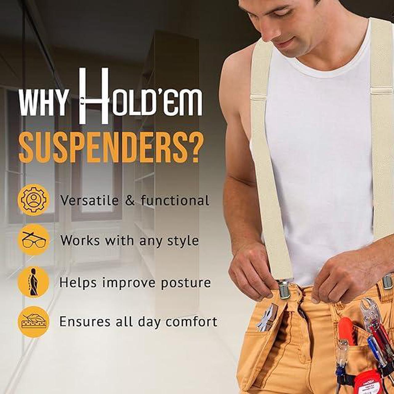 Alt view image 7 of 7 - Hold'Em X-Back Mens Suspenders, Adjustable and Stretchable Suspenders for Men, Durable Straight Clip-On Suspenders, Clothing Accessories for Casual and Formal Outfits, Beige