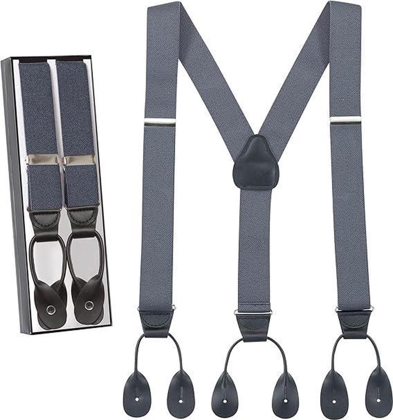 Main image of Hold'Em Tuxedo Suspenders for Men Black Genuine Leather Button End 1.25 Inches Mens Braces Suspenders- Grey (Tall 54" Long)