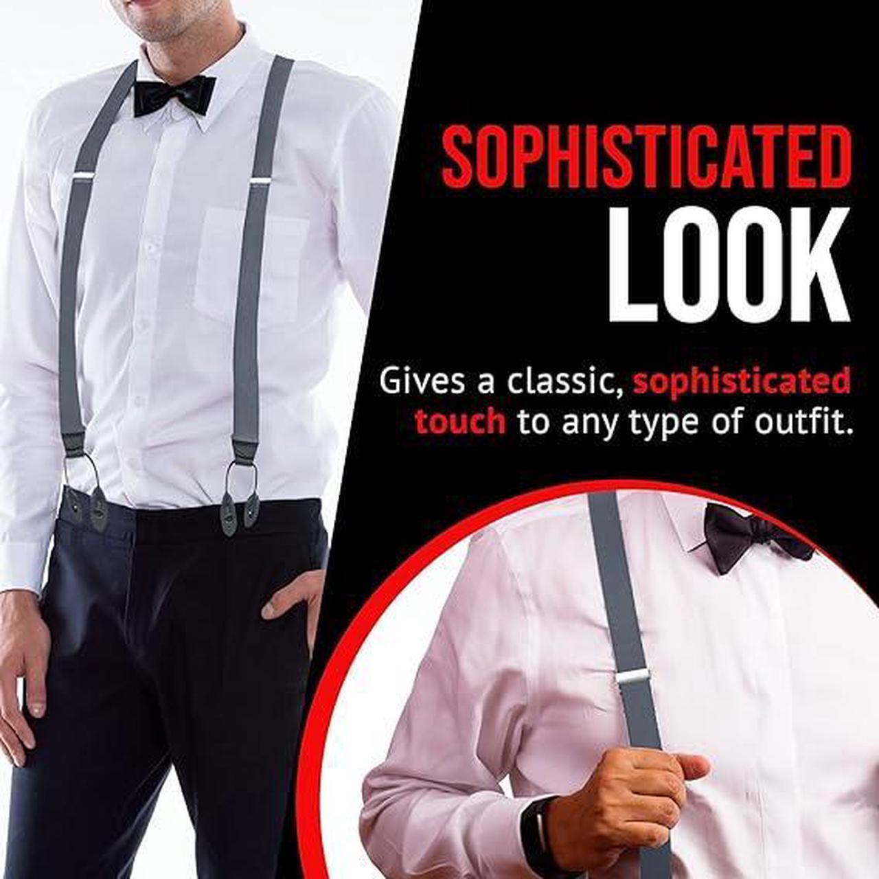 Alt view image 7 of 7 - Hold'Em Tuxedo Suspenders for Men Black Genuine Leather Button End 1.25 Inches Mens Braces Suspenders- Grey (Tall 54" Long)