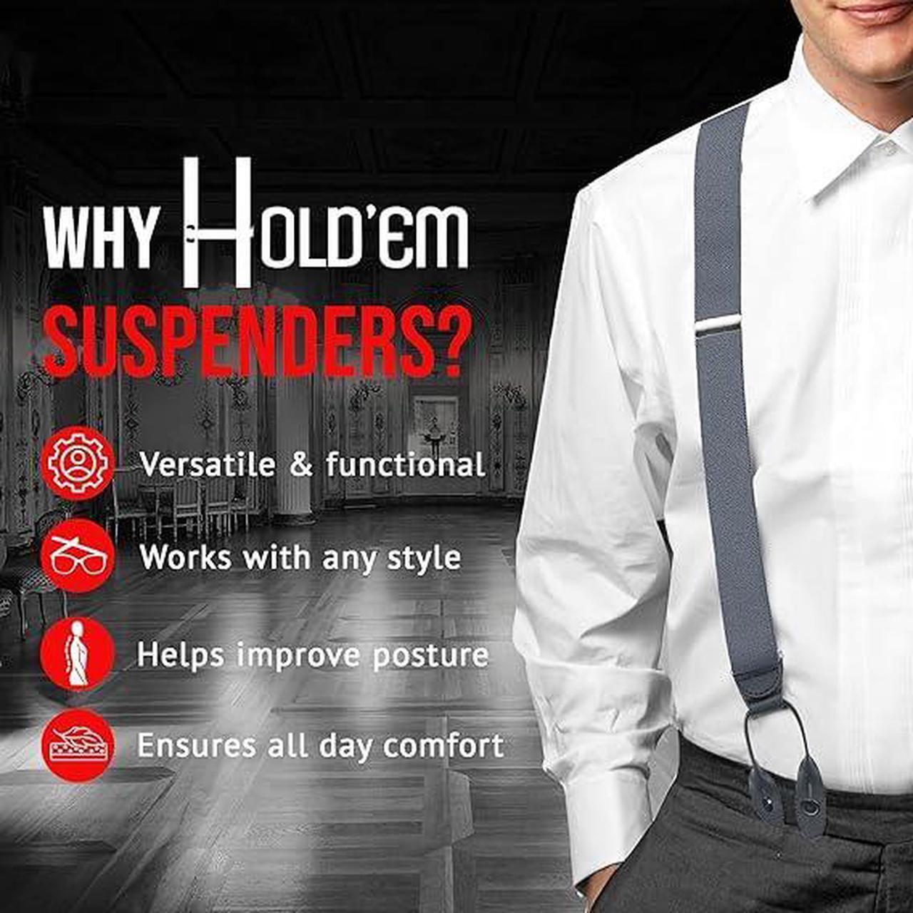 Alt view image 6 of 7 - Hold'Em Tuxedo Suspenders for Men Black Genuine Leather Button End 1.25 Inches Mens Braces Suspenders- Grey (Tall 54" Long)