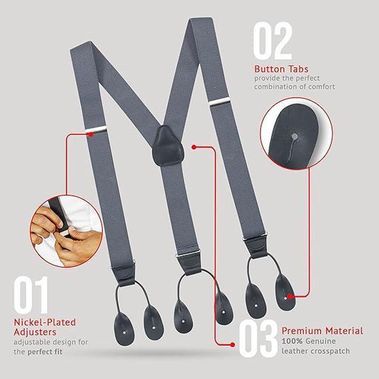 Alt view image 3 of 7 - Hold'Em Tuxedo Suspenders for Men Black Genuine Leather Button End 1.25 Inches Mens Braces Suspenders- Grey (Tall 54" Long)