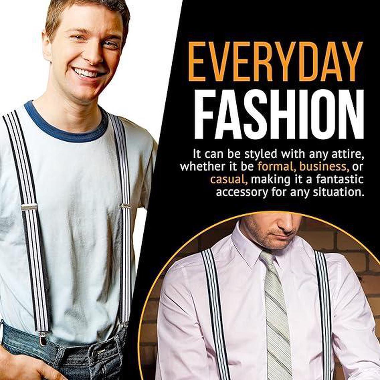 Alt view image 2 of 7 - Hold'Em X-Back Men's Suspenders, Adjustable and Stretchable Suspenders for Men, Durable Straight Clip-on Suspenders, Men Accessories for Casual and Formal Outfits, Navy and White Stripes