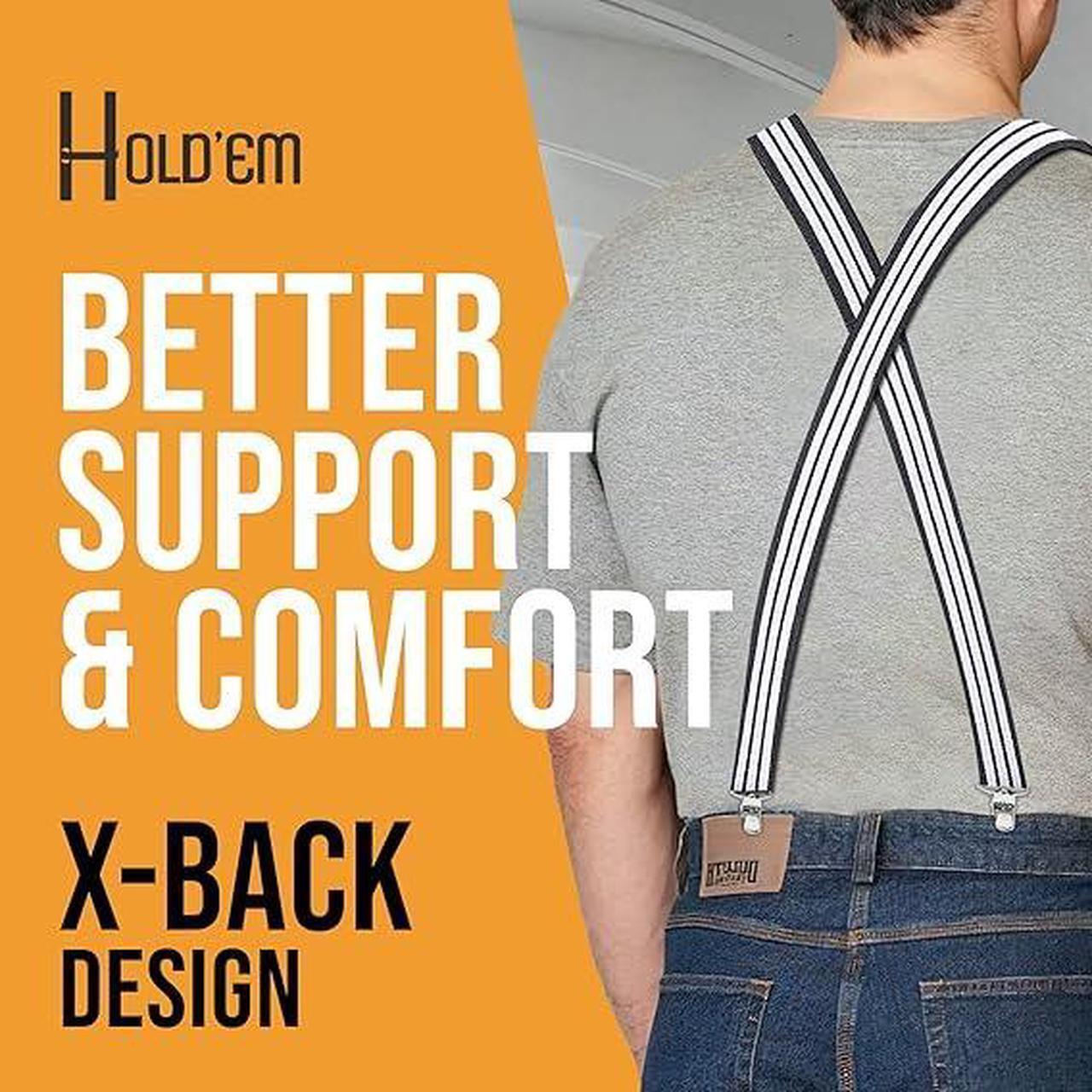 Alt view image 5 of 7 - Hold'Em X-Back Men's Suspenders, Adjustable and Stretchable Suspenders for Men, Durable Straight Clip-on Suspenders, Men Accessories for Casual and Formal Outfits, Navy and White Stripes