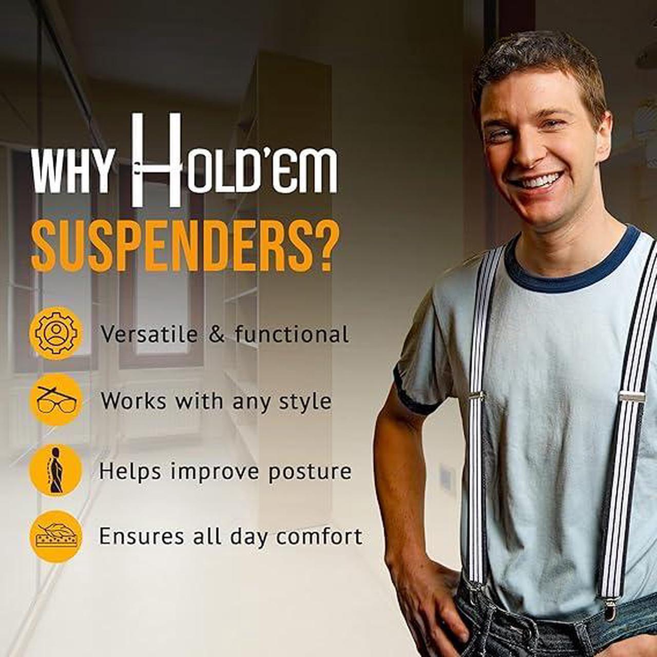 Alt view image 7 of 7 - Hold'Em X-Back Men's Suspenders, Adjustable and Stretchable Suspenders for Men, Durable Straight Clip-on Suspenders, Men Accessories for Casual and Formal Outfits, Navy and White Stripes