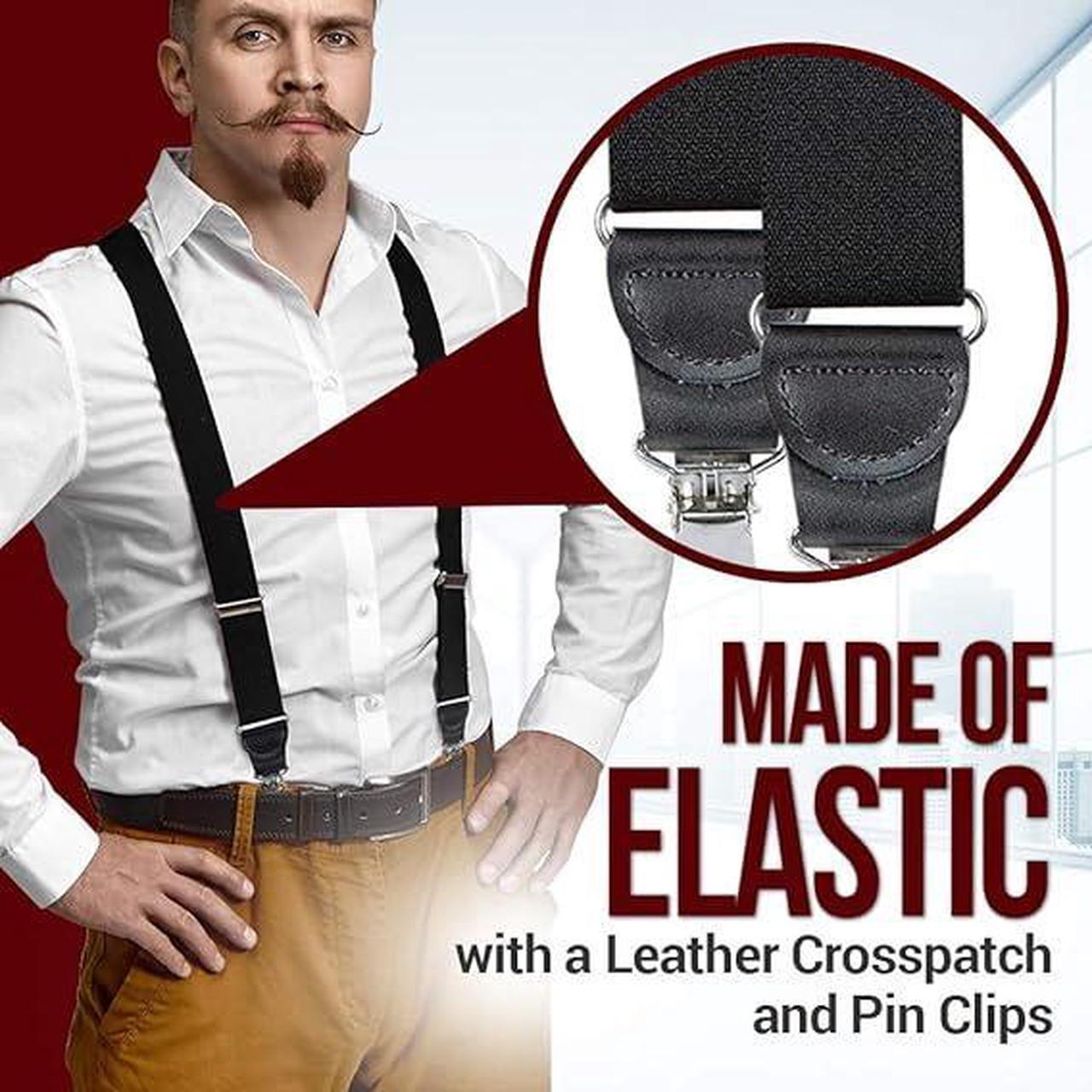 Alt view image 3 of 6 - Hold'Em Mens Elastic No Slip Pin Clip Y Back Suspenders with Leather Trim -White (Regular 46" Long)