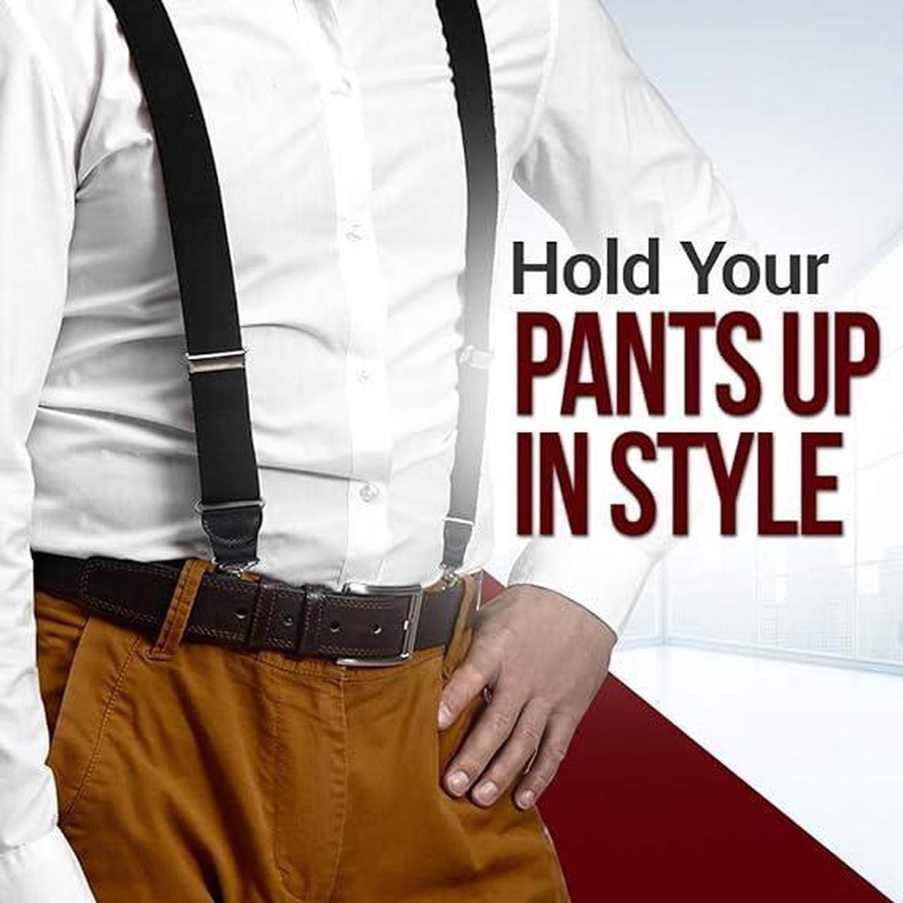 Alt view image 5 of 6 - Hold'Em Mens Elastic No Slip Pin Clip Y Back Suspenders with Leather Trim -White (Regular 46" Long)