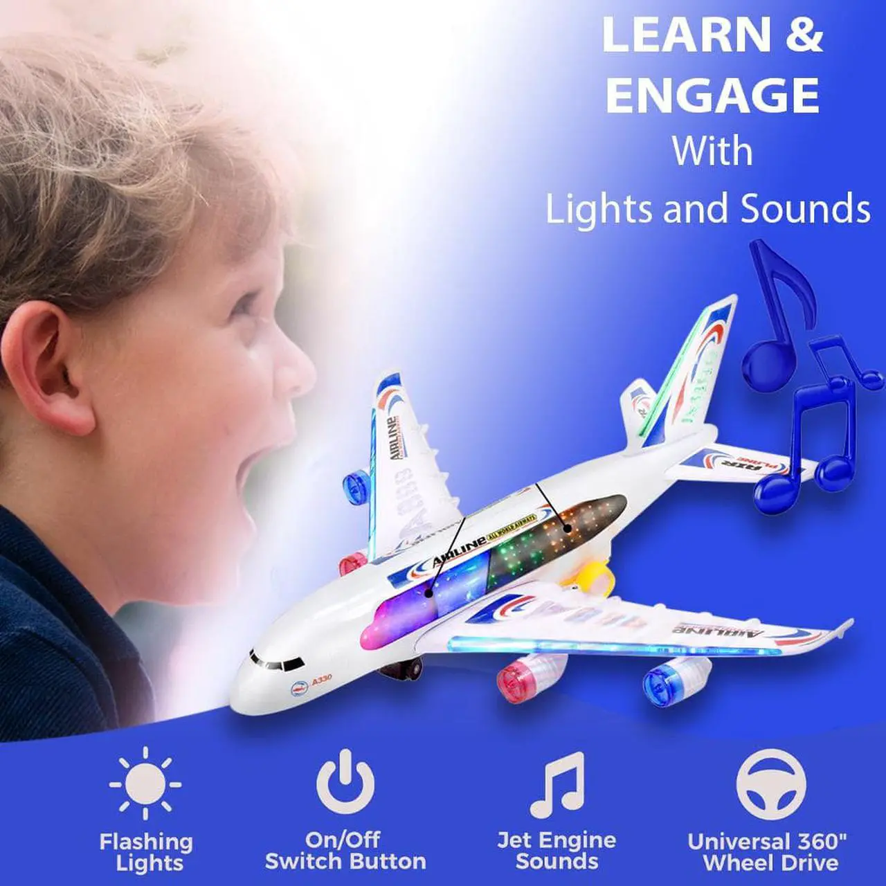Alt view image 2 of 6 - Bump & Go Airplane Toy for Kids - Battery-Operated Toys, Passenger Big Plane with LED Lights & Music, Model Replica Airplanes for Boys - Planes for 3 Year-Old Children & Above