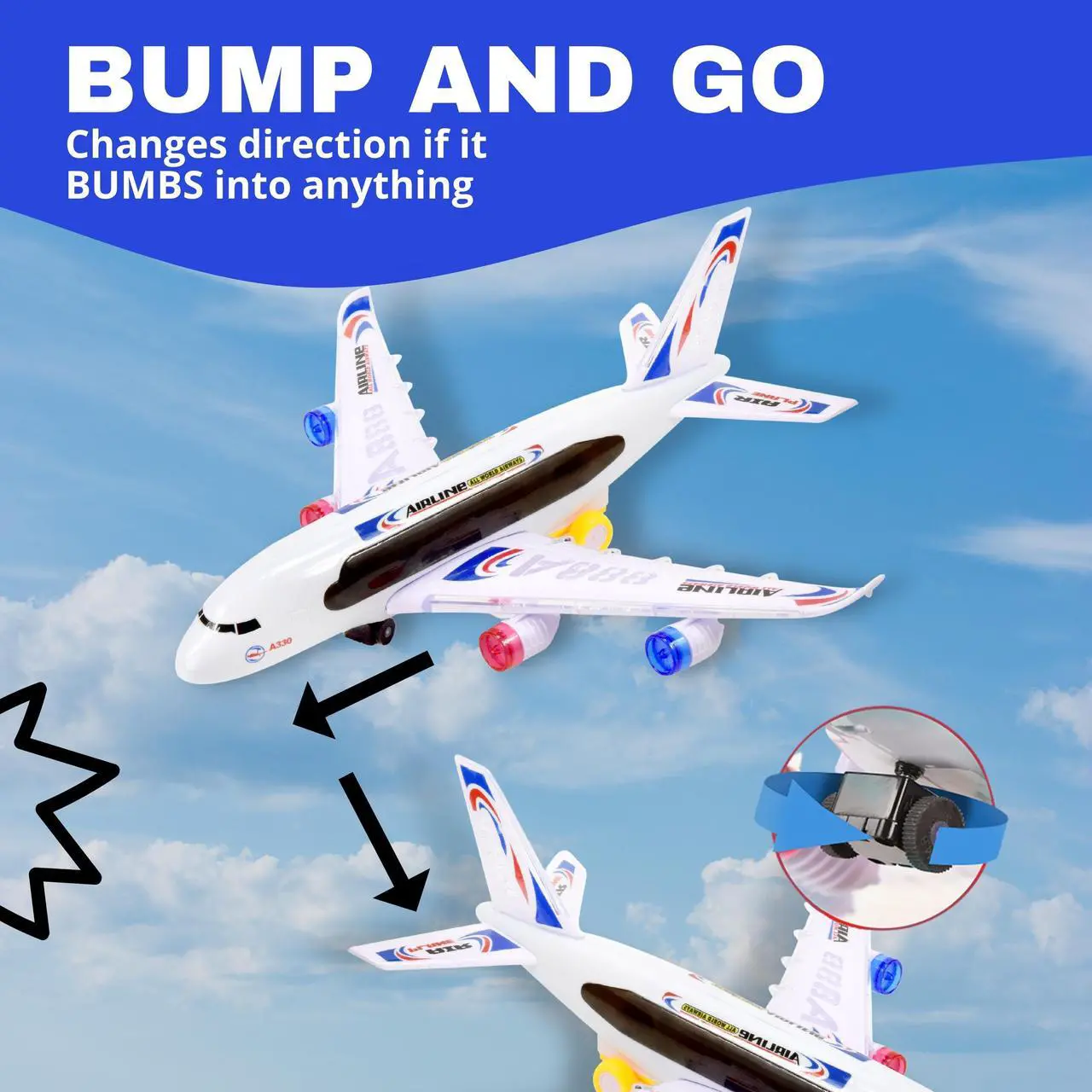 Alt view image 3 of 6 - Bump & Go Airplane Toy for Kids - Battery-Operated Toys, Passenger Big Plane with LED Lights & Music, Model Replica Airplanes for Boys - Planes for 3 Year-Old Children & Above