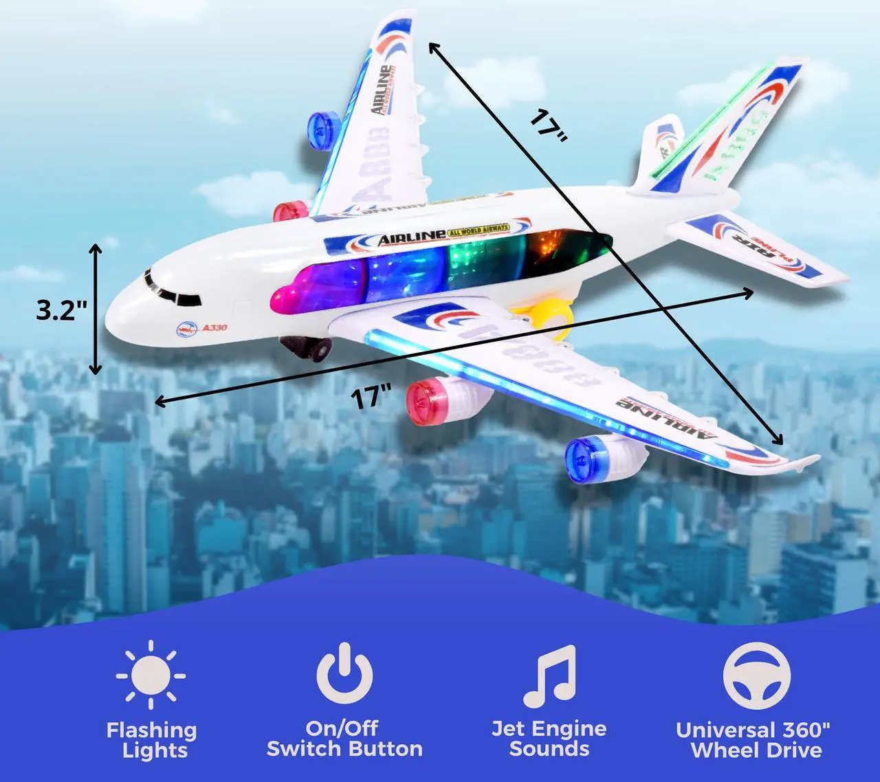 Alt view image 6 of 6 - Bump & Go Airplane Toy for Kids - Battery-Operated Toys, Passenger Big Plane with LED Lights & Music, Model Replica Airplanes for Boys - Planes for 3 Year-Old Children & Above