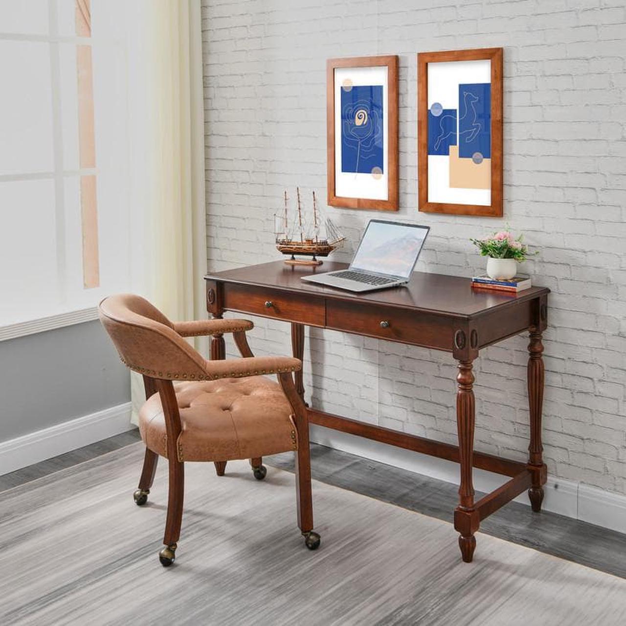 Alt view image 3 of 7 - ASARUDA Office Desk Chairs with Wheels and Solid Wood Legs, Classic Swivel Accent Chairs Upholstered with Breathing Leather