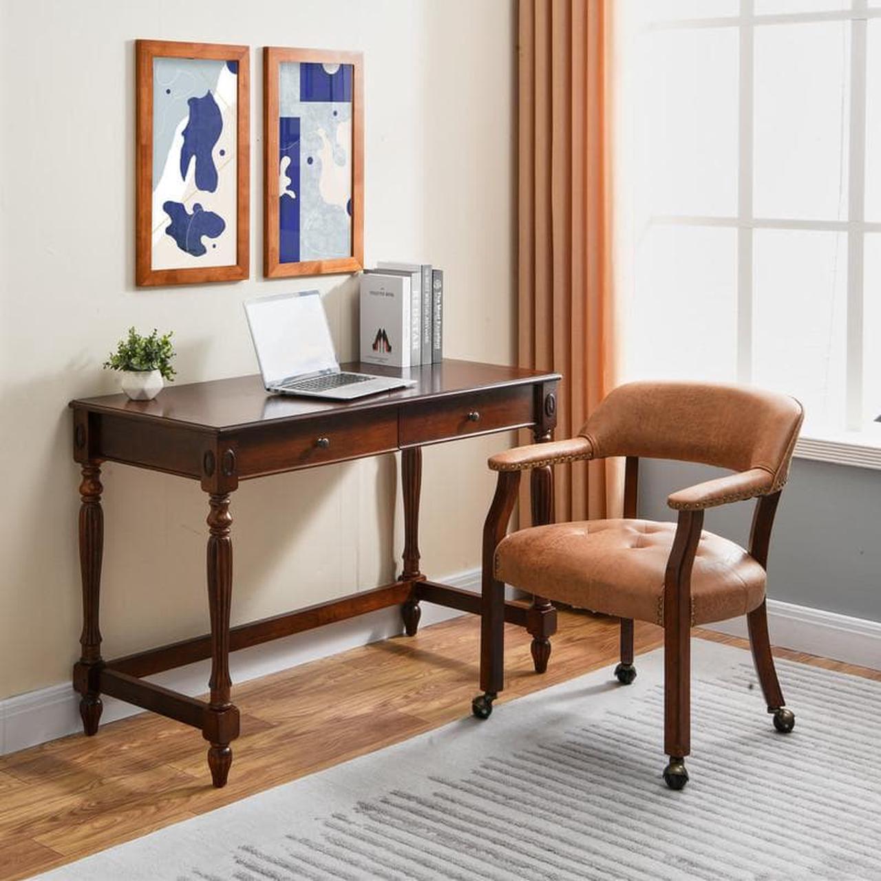 Alt view image 2 of 7 - ASARUDA Office Desk Chairs with Wheels and Solid Wood Legs, Classic Swivel Accent Chairs Upholstered with Breathing Leather