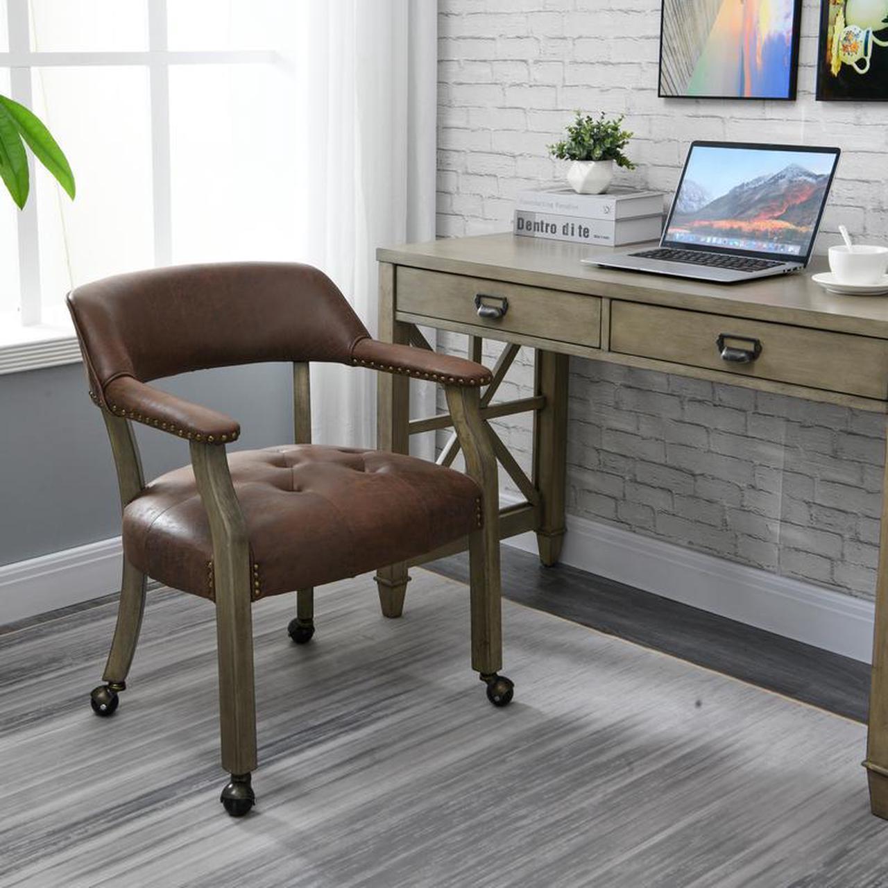 ASARUDA Office Desk Chairs with Wheels and Solid Wood Legs, Classic Swivel Accent Chairs Upholstered with Breathing Leather