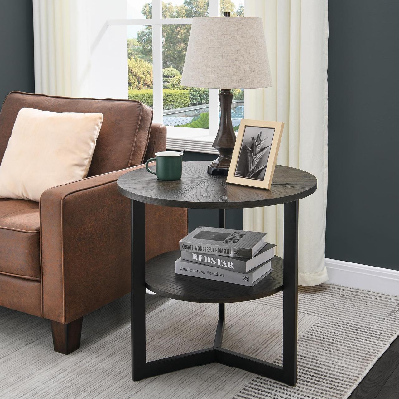 Alt view image 2 of 5 - ASARUDA Large Round End Table with Storage Shelf, Rustic Circular Sofa Side Black Metal Legs, Solid Wood Nightstand, Telephone for Living Room, Bedroom, 25.2''D x 24''H Black