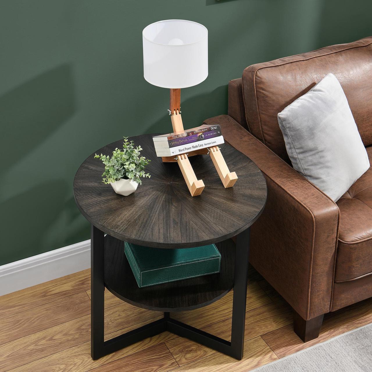 Alt view image 3 of 5 - ASARUDA Large Round End Table with Storage Shelf, Rustic Circular Sofa Side Black Metal Legs, Solid Wood Nightstand, Telephone for Living Room, Bedroom, 25.2''D x 24''H Black